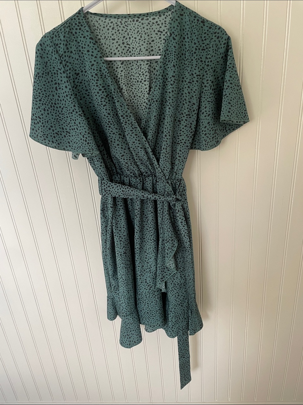 Women's Teal Green Wrap Dress with Black Spot Print